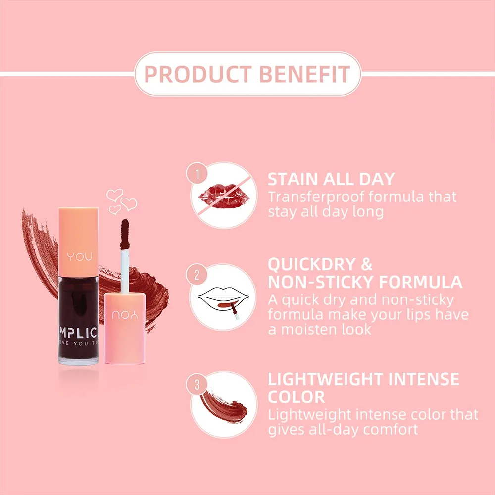 YOU The Simplicity Love You Tint Lip Gloss Quick Dry High Pigmented Non-sticky Liptint Long Lasting Lipstick Lip Glaze Makeup