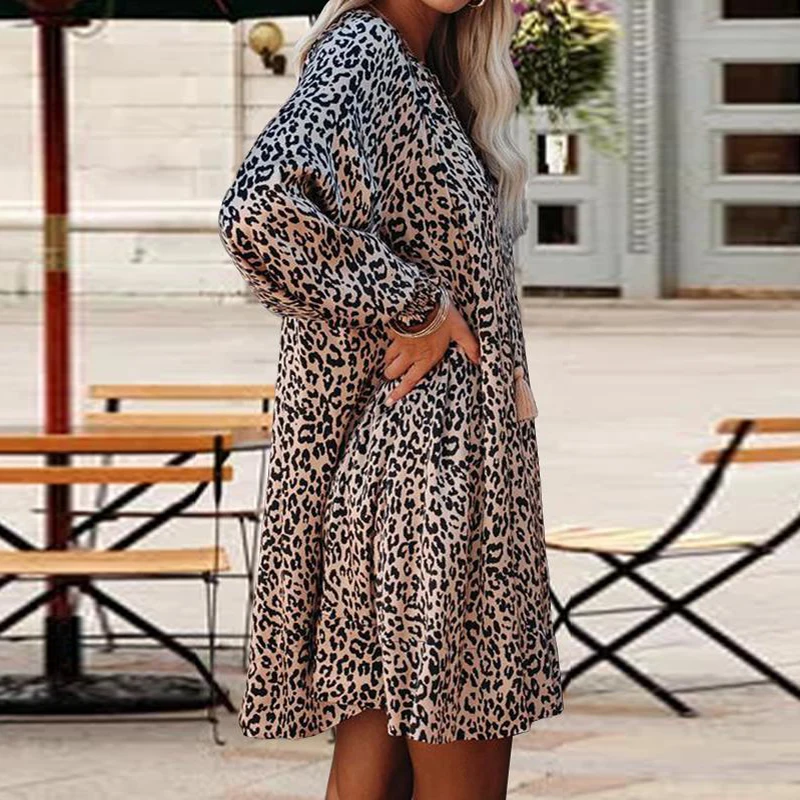 Elegancki Serek Pędzelkiem Projekt A-Line Sukienka Kobiety Nowe Lato Rocznika Leopard print Suknie Wieczorowe Codzienne Długie Rękawy sukienki Temat