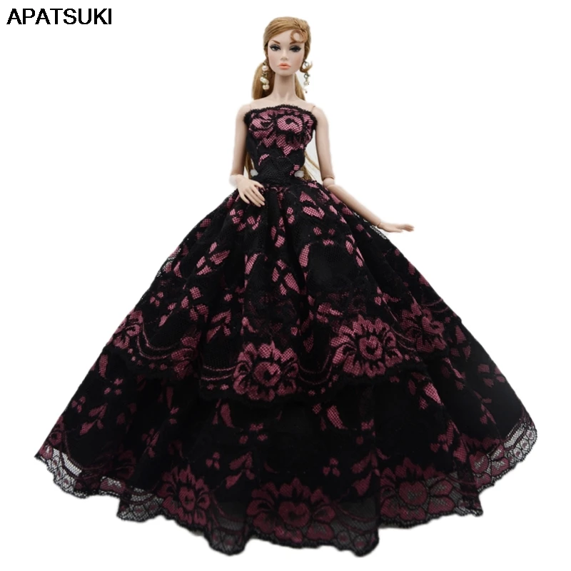 Czarny Różowy Kwiat Suknia Dla Lalki Barbie Stroje Odzież Księżniczka Suknia Dla 1/6 Lalki BJD Akcesoria Zabawki
