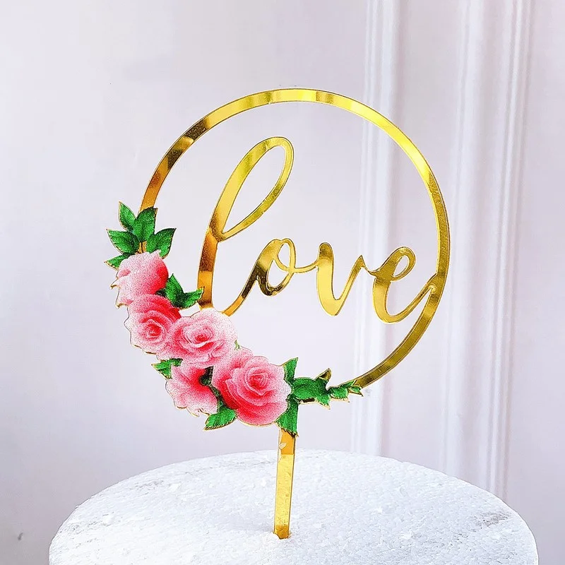 Nowy Szczęśliwy Rocznicę Ciasto Topper Kolor Kwiaty Akrylowe Tort Urodzinowy Топперы Ślub Walentynki Tort Deser Dekoracji