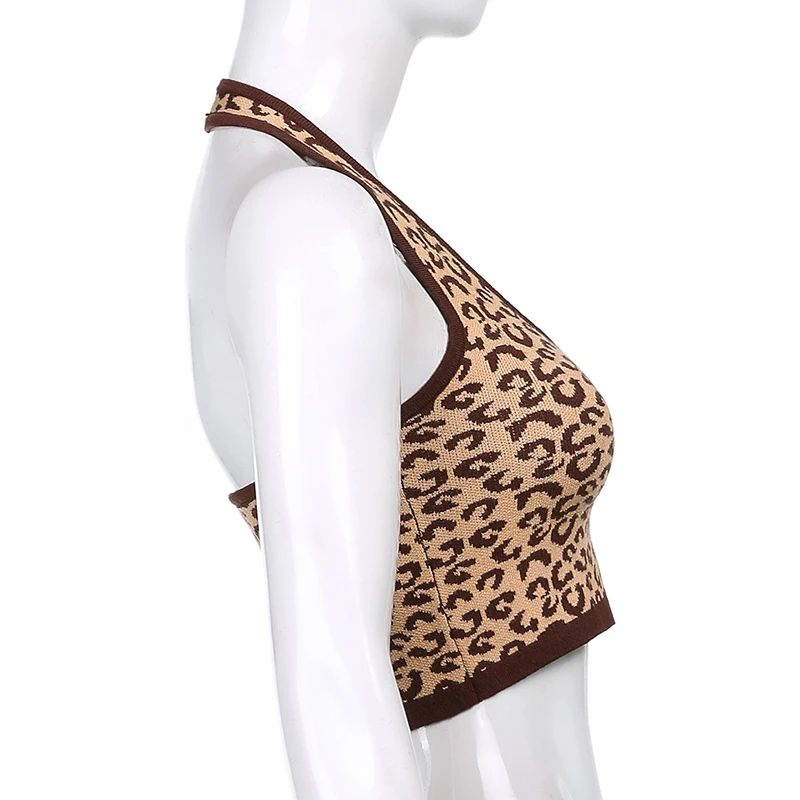 Y2K Retro Leopard print Brązowy Halter Top Kobiety Lato Sexy Bez Rękawów Backless Mikey Kamizelka 90s Vintage Meble Ubrania 2021 Stroje