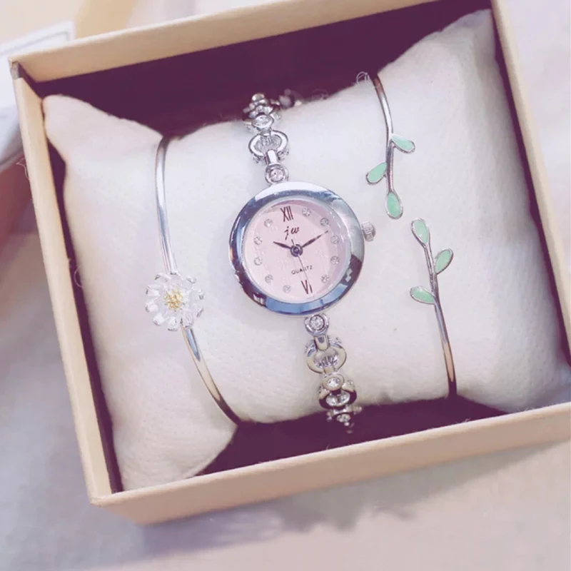 Modne zegarki damskie zestawy upominkowe mały tarcza zegarek biżuteria bransoletka zestaw cienki pasek prosty zegar stokrotka liście bransoletki Z skrzynią