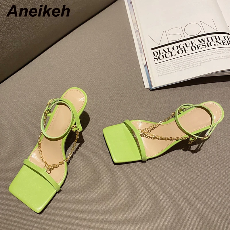 Aneikeh 2021New buty Damskie Sexy Summer Open PU Fashion T-Tied Sandały na cienkich obcasach Party Shallow Chain Buckle Strap Solid Sweet