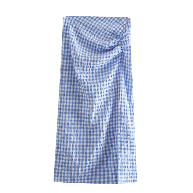 Stylowa elegancka Niebieska w Kratę tylna zamek Plisowana Spódnica dla kobiet 2021 za Fashion Side Split Mid Spódnice Damskie Codzienne Faldas