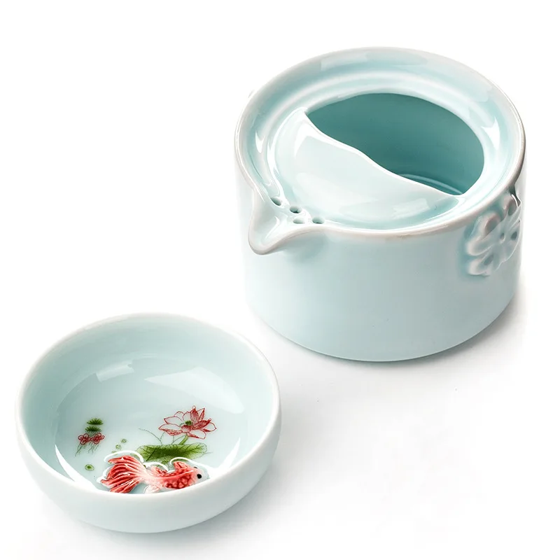 Wysokiej jakości elegancki zestaw herbaty gaiwan,Celadon 3D Carp Kung Fu Tea set Zawiera 1 lub herbaty 1 szklanka,piękny i łatwy lub herbaty.