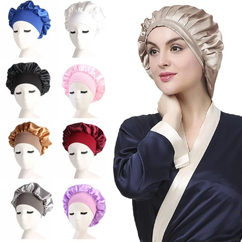 Miękka Satyna Kapelusz Do włosów Czapki dla włosów Sleep Night Cap Head Cover Prevent Hair Loss Hat for Curly Springy Hair Styling Accessories