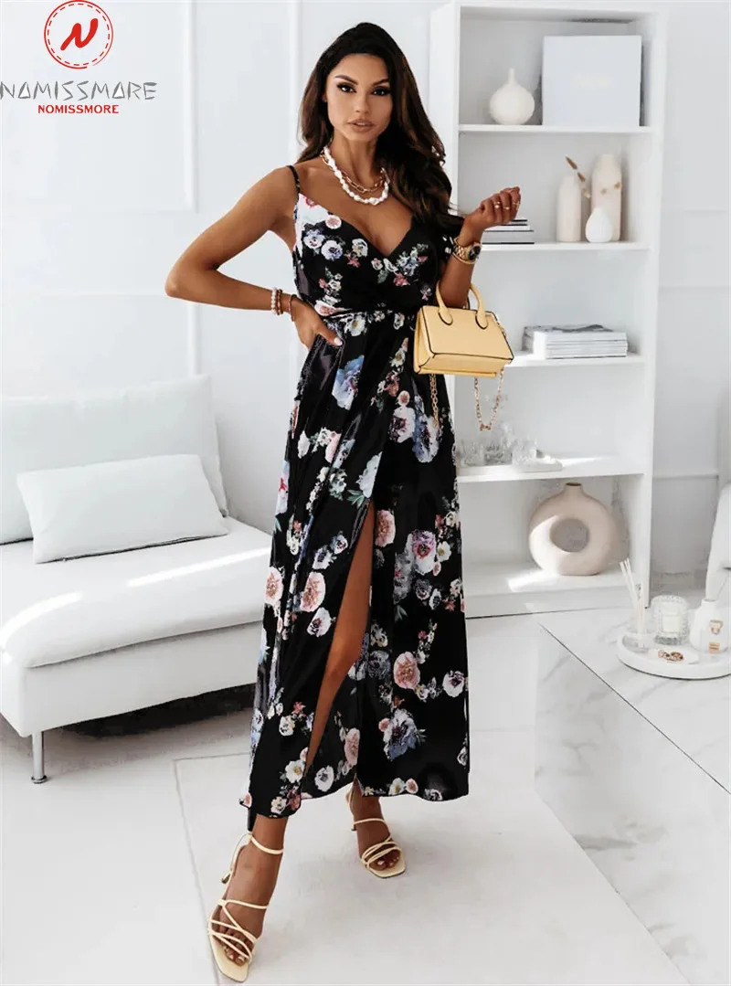 Sexy Women Summer Flower Print-Line Dress High Split Design Banding Decor Sling Sleeveless Backless High Waist Slim Long Dress