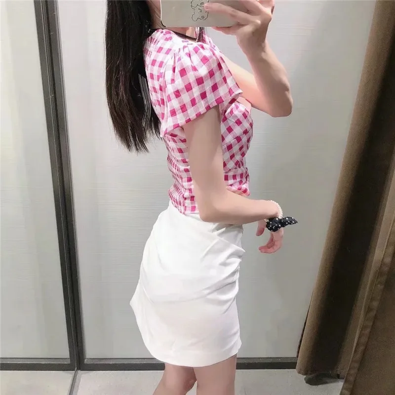 TRAF Za 2021 Plaid Top Pink Woman Summer Blouses Women Ruched Short Sleeve Crop Top Female Fashion Knot Cut Out Ladies Blouses