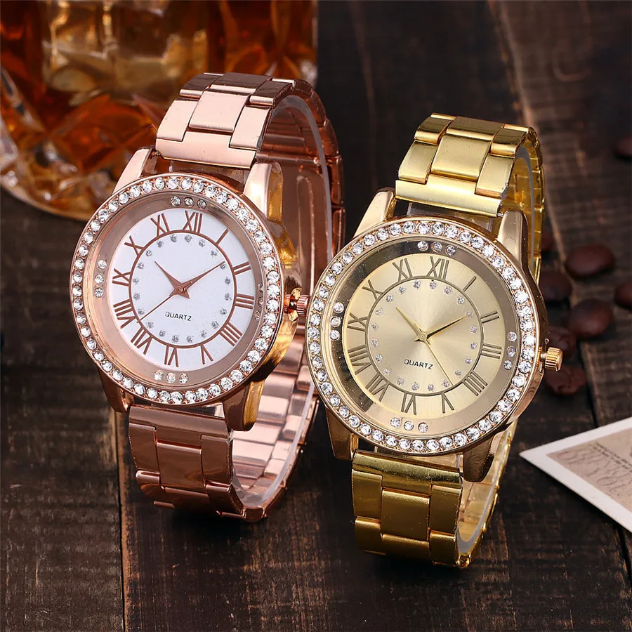 Luksusowy Zegarek z Różowego Złota Modne sukienki damskie Zegarek Bling Rhinestone zegarek Kwarcowy Zegarek Ze Stali Nierdzewnej Zegarek Damski Zegarek 2020