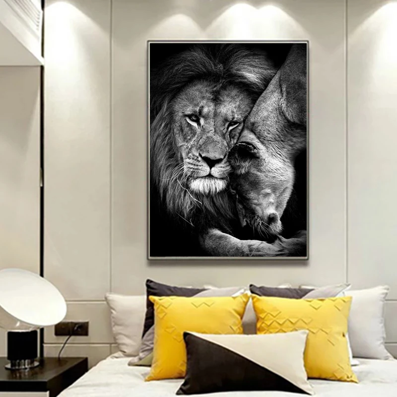 Czarno Białe Zwierzęta Sztuka Lwy Płótno Lew Ojciec Syn Plakaty i reprodukcje Ścienne Artystyczne Obrazy na Żywo Dekoracji Domu
