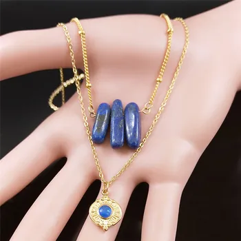 Boho Lapis lazuli ze Stali Nierdzewnej Wisiorek Naszyjnik dla Kobiet Złoty Kolor Warstwowe Naszyjniki Biżuteria acero inoxidable NK210S04