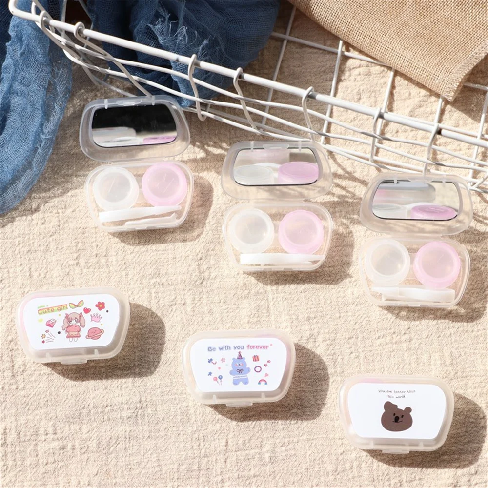 1szt Mini Cartoon Little Bear Contact Lens Case Cute Mix-colored Contacts Storage Case Travel Portable Contact Case With Mirror