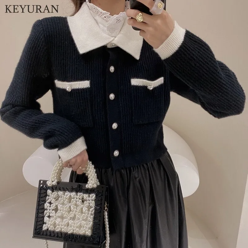 Jesień Koreański Sweter Z Dzianiny Sweter Damski Z Długim Rękawem W Kontrastowym Kolorze Vintage Koreański Jednorzędowy Sweter Z Dzianiny Bluzki