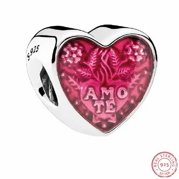 Walentynki Prezent Różowa Emalia Łacińska Miłość Serce Koraliki do tworzenia Biżuterii DIY Fit Pandora Charms Srebro 925 Oryginał