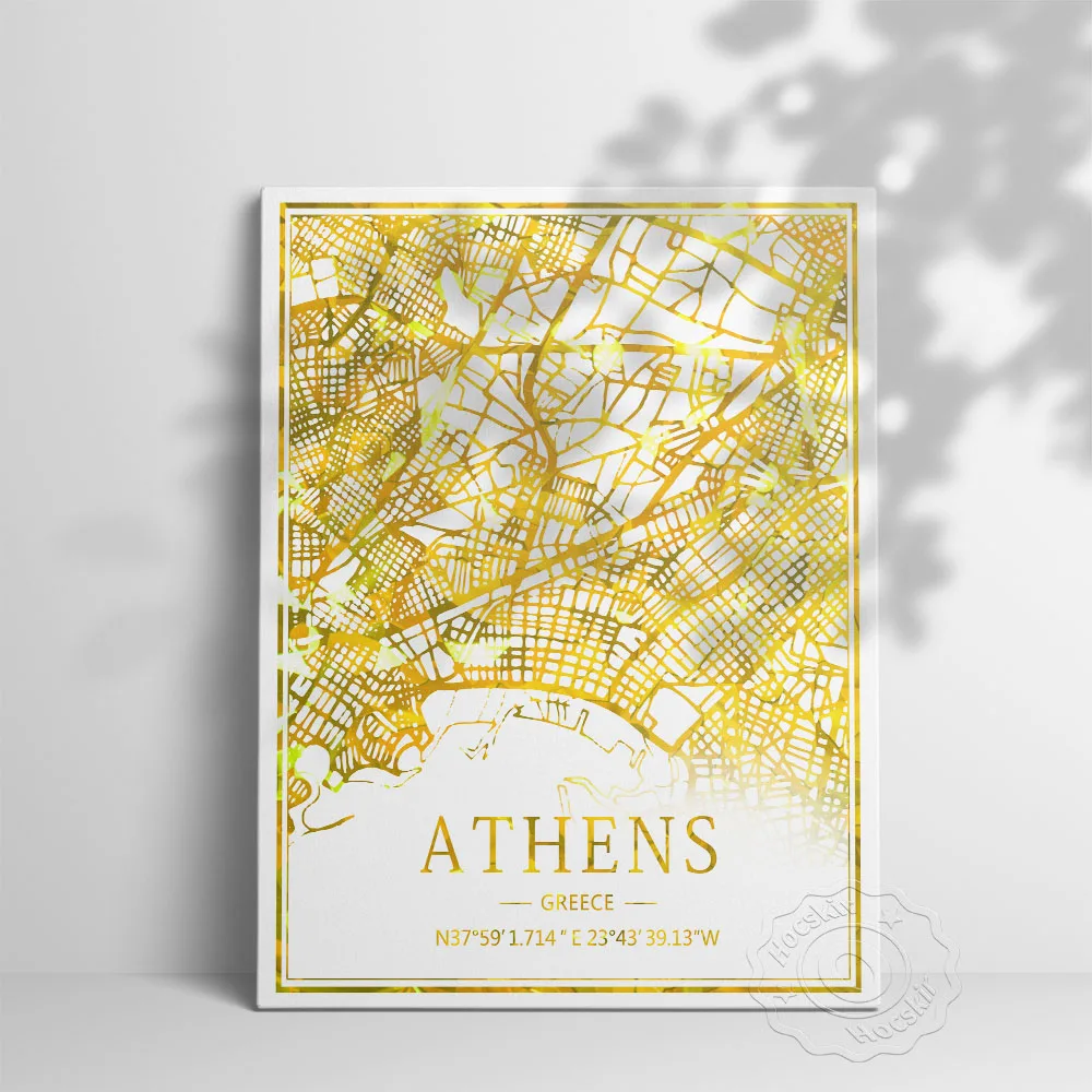 Grecja Ateny Miasto Podróży Art Mapa Plakat, Ateny Meble Mapa Dekor Ścienny Rysunek, Złota Folia Art Karta Home Decor, Ściany Malowanie Artystyczne