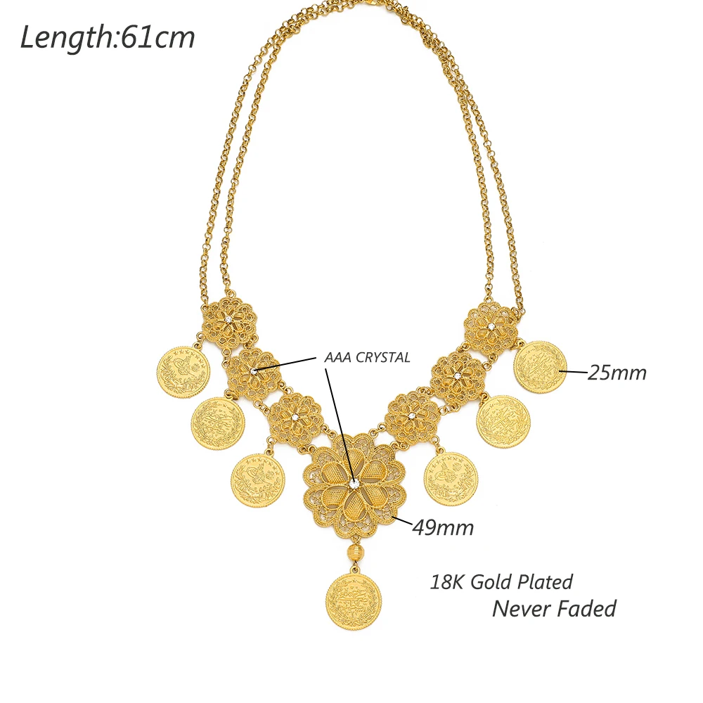 Sprzedaż hurtowa Arabska Moneta Naszyjnik dla Kobiet elegancki Kryształ Urok Złoto Bliski Wschód Cubana Biżuteria Naszyjnik Prezent