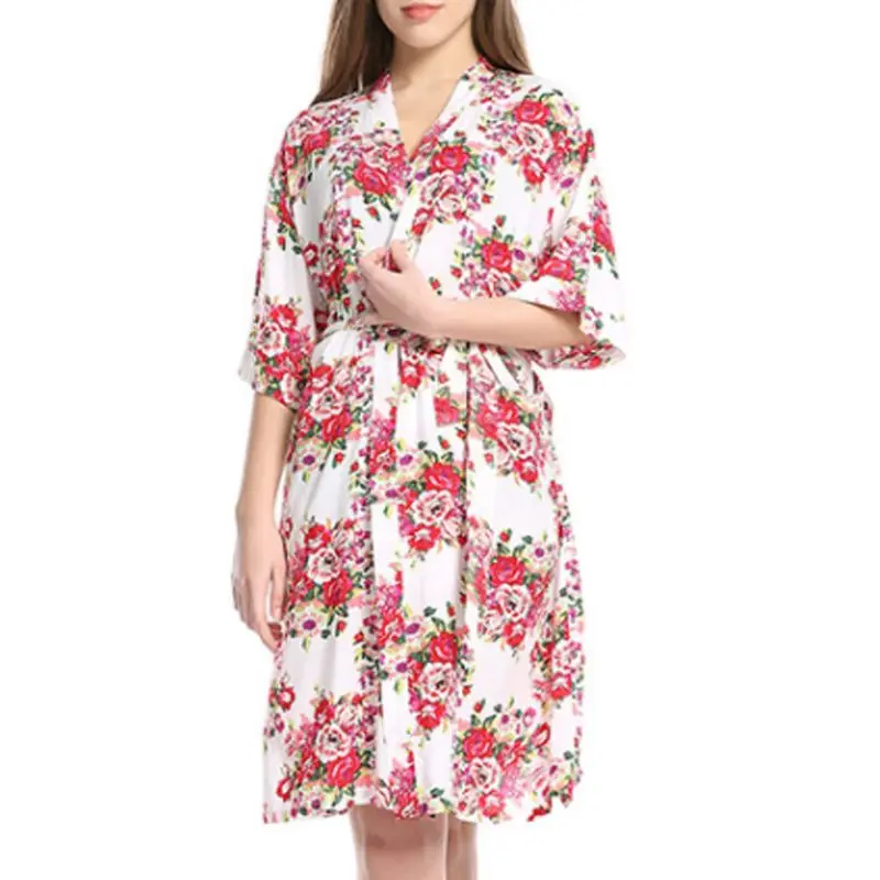 Żeńska połowa Rękawa Kwiatowy print Bawełna Midi Do Kolan Kimono Szlafroki Pasem V-Neck Suknia Druhny Koszula Nocna Piżamy