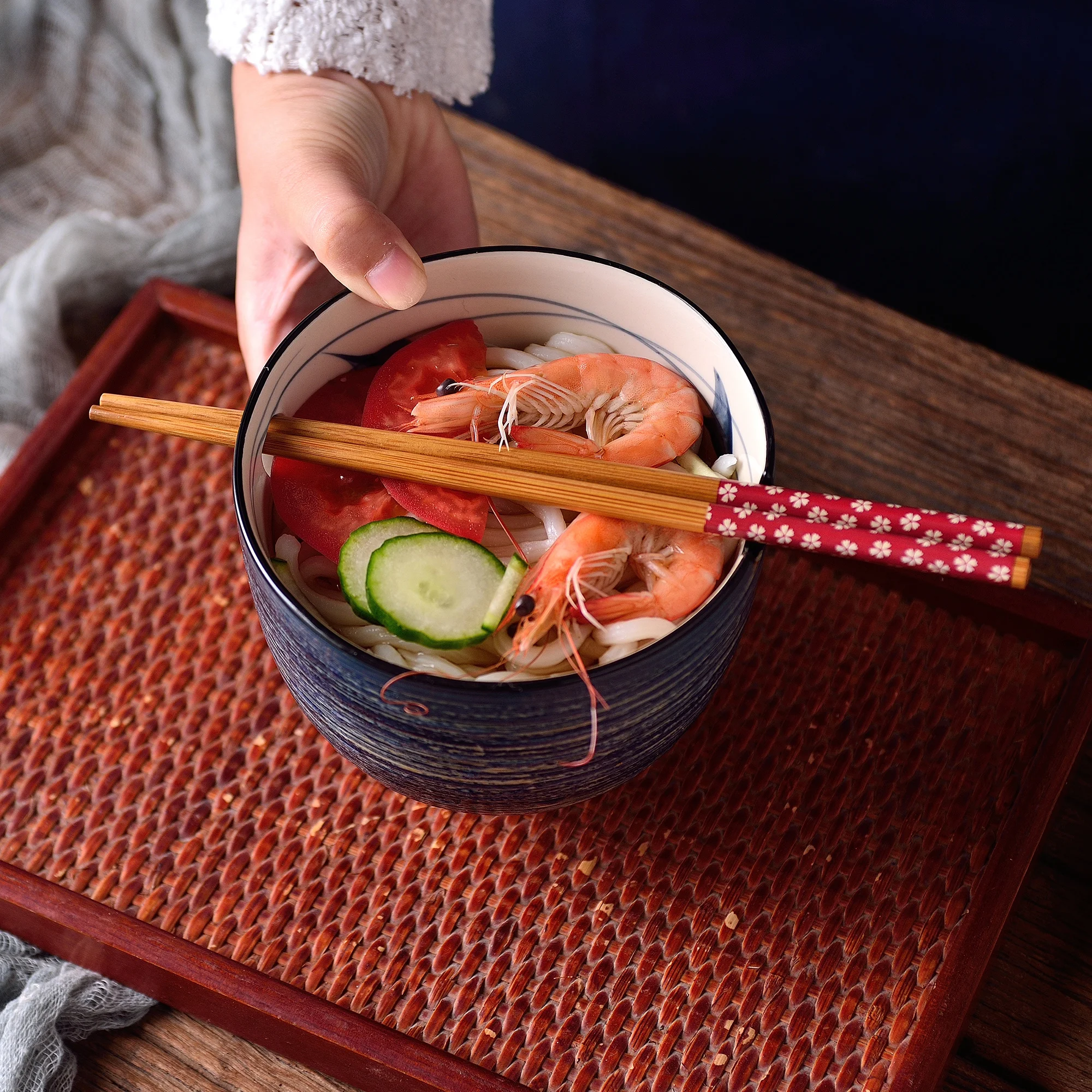 Panbado 2-Piece Special Design Japanese Style 470ML Porcelain Bowl Set Noodle/Ramen/Rice Bowl Set with 2*Bowls,Bambusowe pałeczki Do jedzenia
