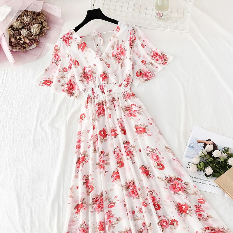 2021 Nowy kwiat sukienki artystycznej sexy V-dekolt w kształcie A-Line Krótkie rękawy szyfonowe sukienki lato w plażowym stylu Vintage print Długa sukienka