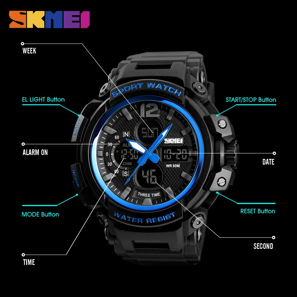 SKMEI Men Military Sport Watch 1343 New 50m Wodoodporny Army Watch Shock Resistant LED Kwarcowy Zegar cyfrowy relogios masculino