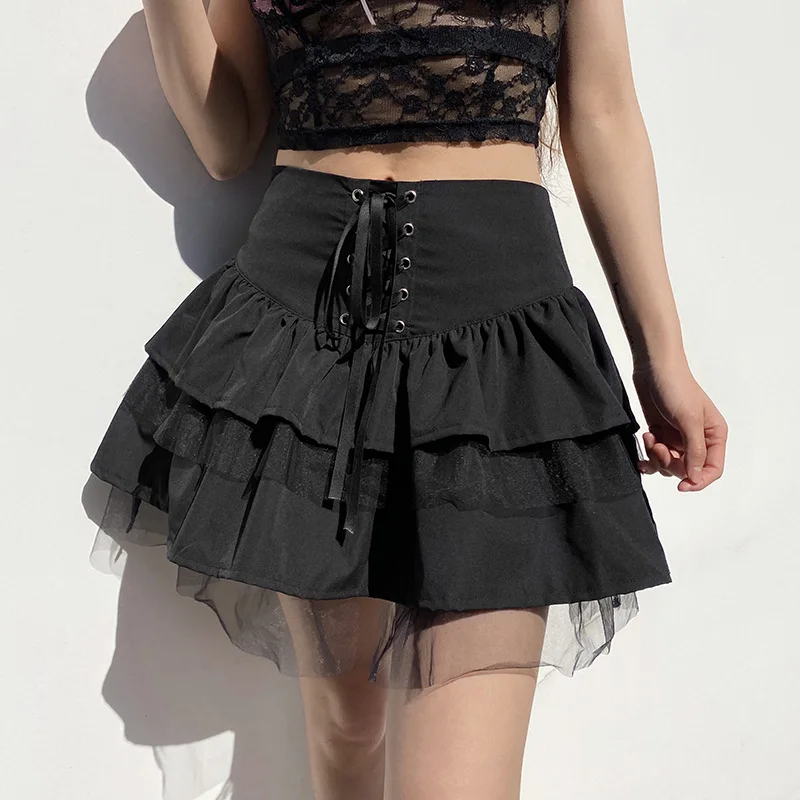Gotycka Spódnica Goth Aesthetic Lace Up Mini Skirt for Women Dark Academia Mesh Patchwork A-Line Spódnica styl Punk Party Black Saias