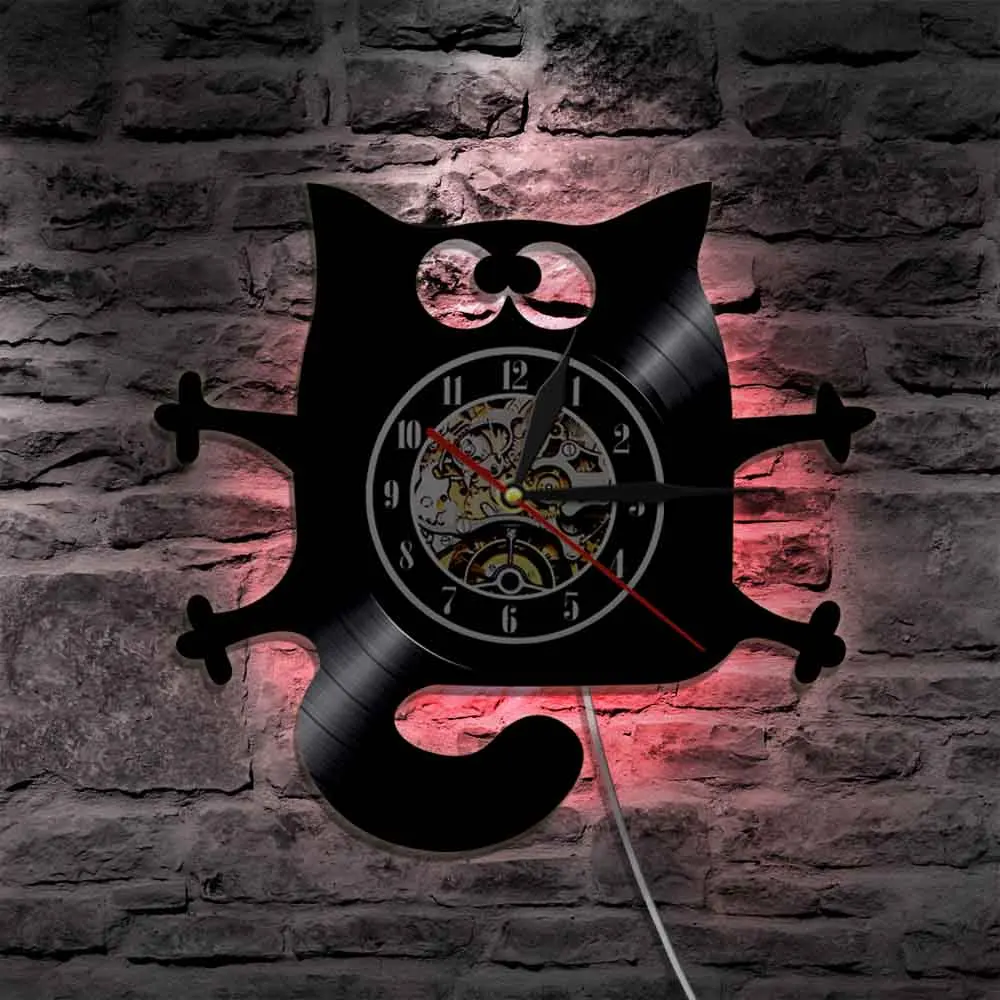 Zabawny Czarny Kot Ścienne Artystyczne Zegarek Kot Meow Płyta Winylowa Zegar Ścienny Do Salonu Kuchni Куадрос Wystrój Prezent Dla Miłośników Kotów Kotów
