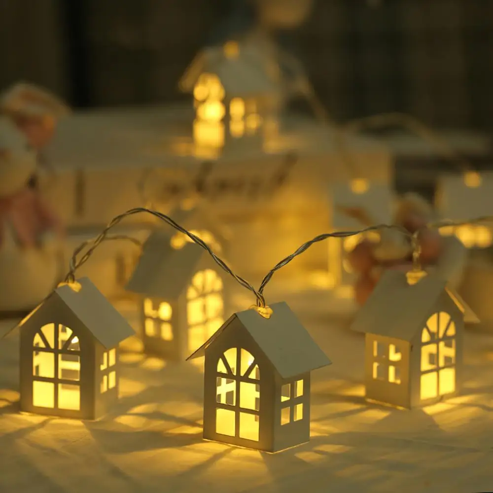 10 Światła LED Wiersza Mini Drewniany Dom Choinki Wiszące Ozdoba Świąteczna Impreza Główna Dekory Rzemiosło Choinka Wystrój