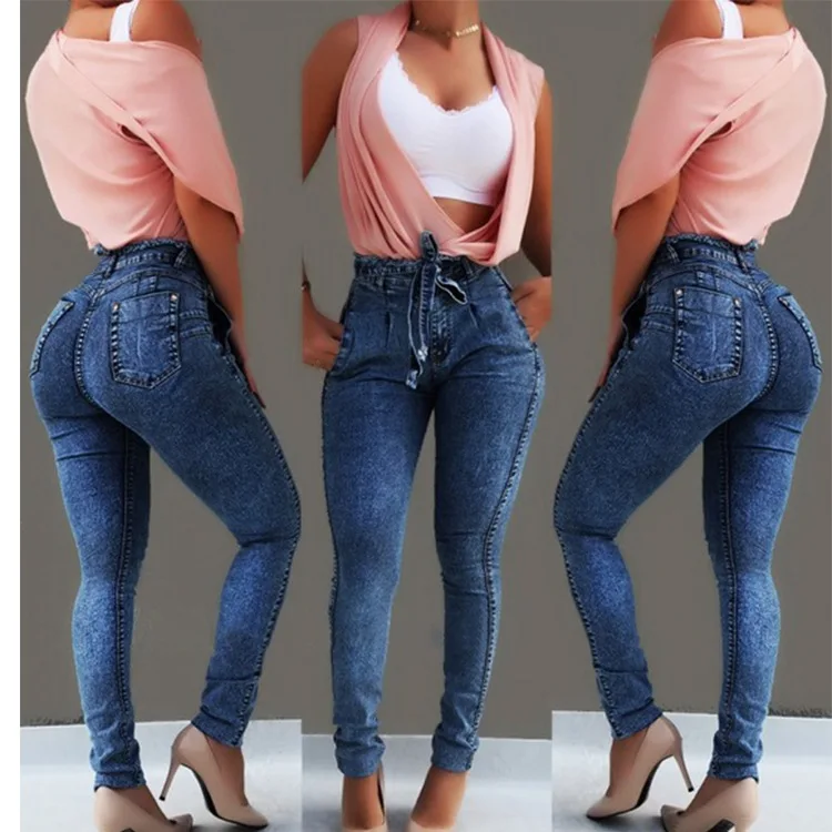 2021 Szybko sprzedawane codzienne damskie jeansy z elastycznym pasem z frędzlami i wysokim stanem
