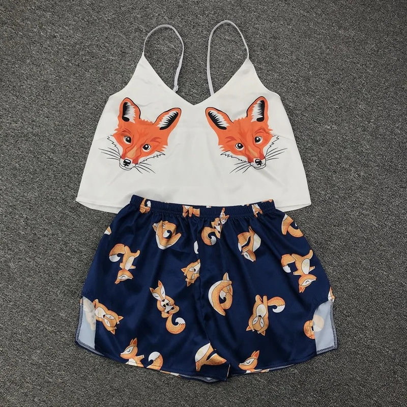 Seksowna, Satynowa piżama dla kobiet Fox Print V Neck Domowy Strój Jedwabna piżama Piżama Femme Piżamy Dropshipping