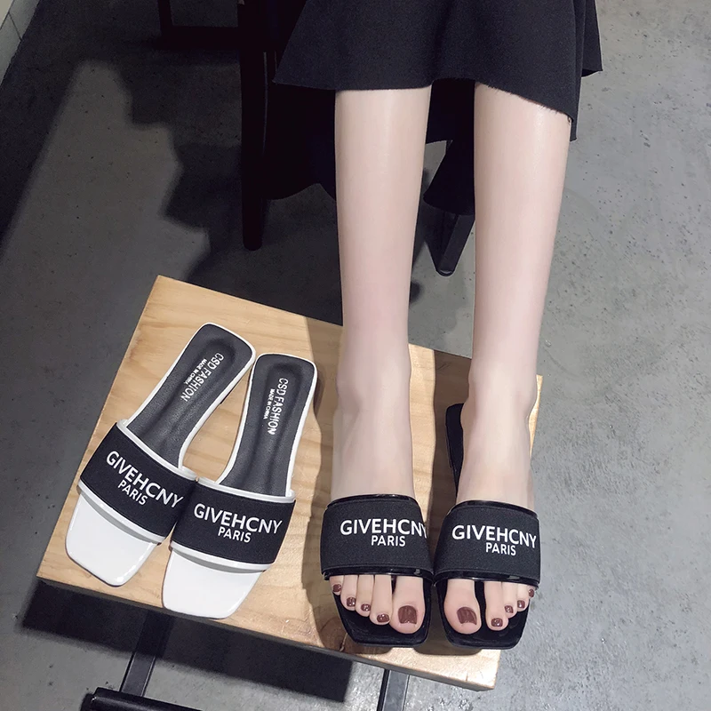WOHDHE 2021 New Color Women Slipper Summer Outdoor Sandal Flats Slip On Flip Flops Square Toe Slippers Sandal Fashion Print