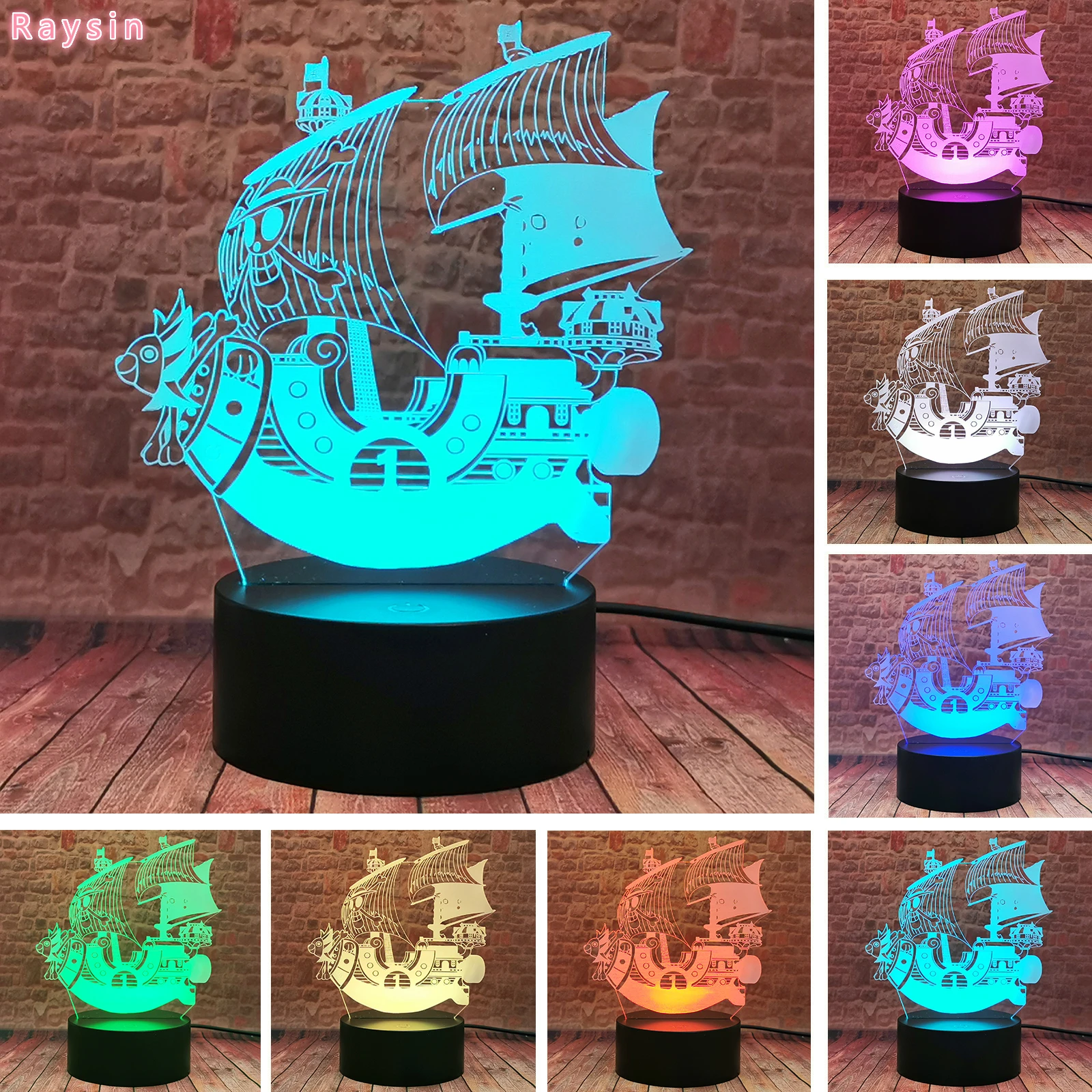 Amroe Going Merry Model Ship One Piece Grand Ship Thousand Sunny Pirate Luffy Boat Figures Boys 7 Change Colors LED Night Light