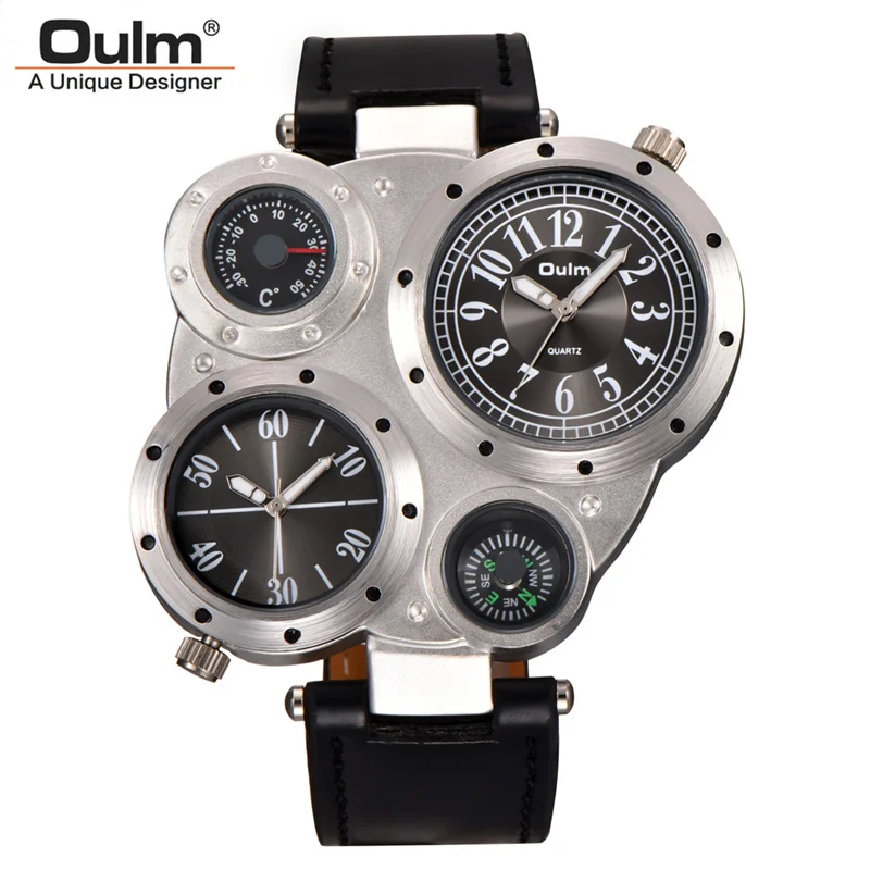 Luksusowej Marki Oulm Watch Men Termometr Kompas Ozdobiony Niepowtarzalnym Wzornictwem Męskie Zegarki Sportowe Dwie Strefy czasowe Kwarcowy Męski Zegarek