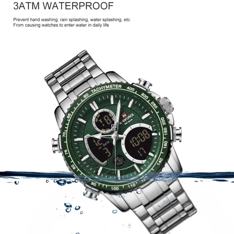 NAVIFORCE Biznes Zielony LED Podwójny Wyświetlacz Zegarki Męskie Marynarki - Męskie Sportowe Zegarek Kwarcowy Luksusowe Zegarki Męskie Relogio Masculino