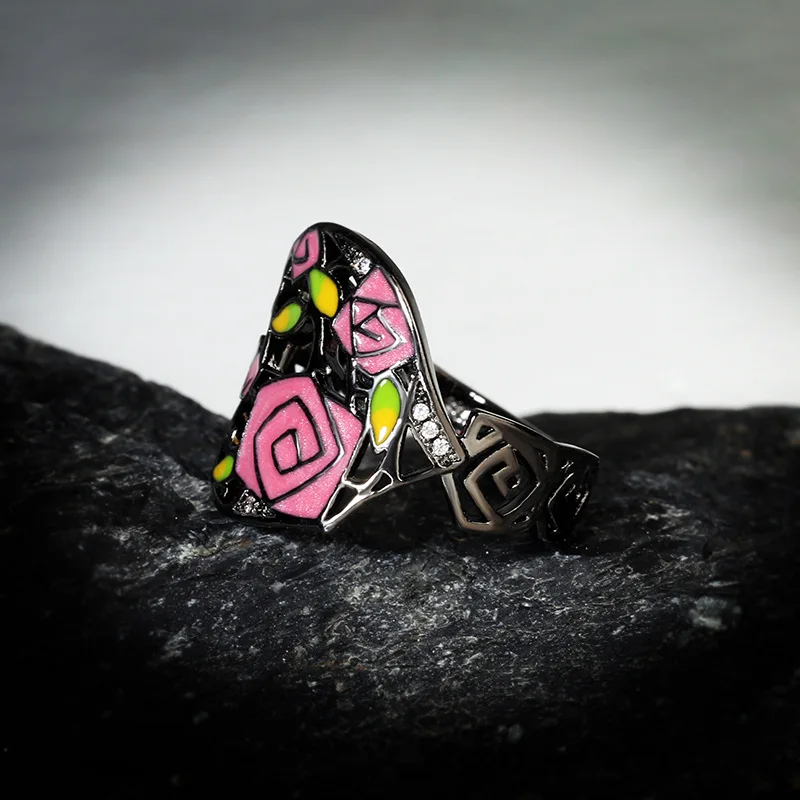 2020 Thorns rose ring ladies hand-painted emal ring 925 silver flower ring for women fashion niche ring jewelry gift