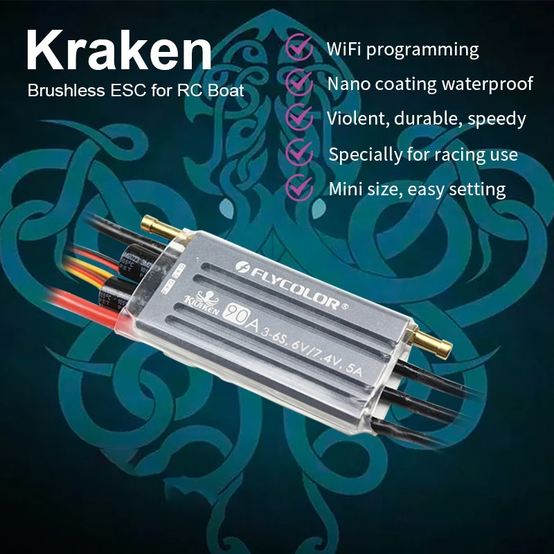 FLYCOLOR Kraken Series pompa bezszczotkowy ESC 3-6S for RC Boats Wodoodporny 6V/7.4 V BEC 5A/Water Cooling System