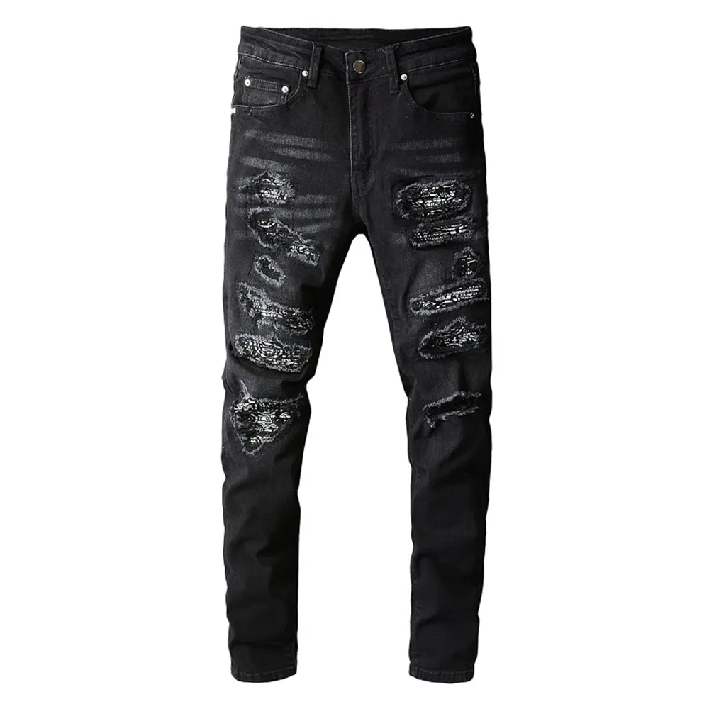 Męskie Paisley Chustka Drukowane Patchwork Stretch Jeans odzież Uliczna Czarne Jeansowe spodnie ołówek Cienkie, Wąskie Podarte Spodnie