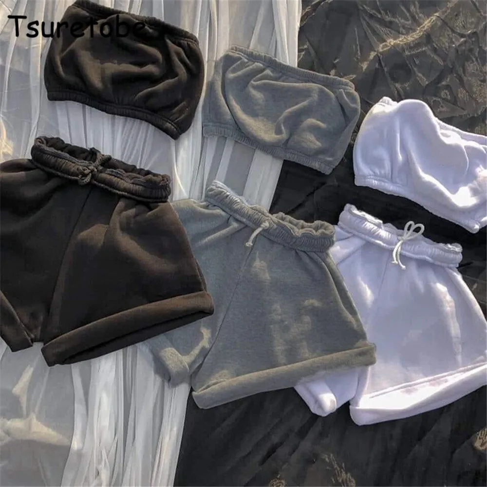 Tsuretobe Casual Two Piece Set Women Backless Bressless Crop Top And High Waist Sznurek Shorts For Women Summer Sets Matching