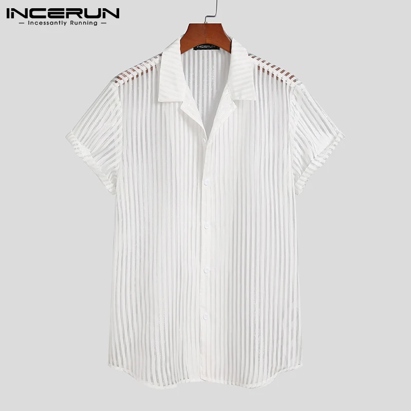 INCERUN Fashion Men Mesh Shirt z Przeplotem 2021 See Through Streetwear Lapel Short Sleeve Men Clothing Party Casual Camisas S-5XL