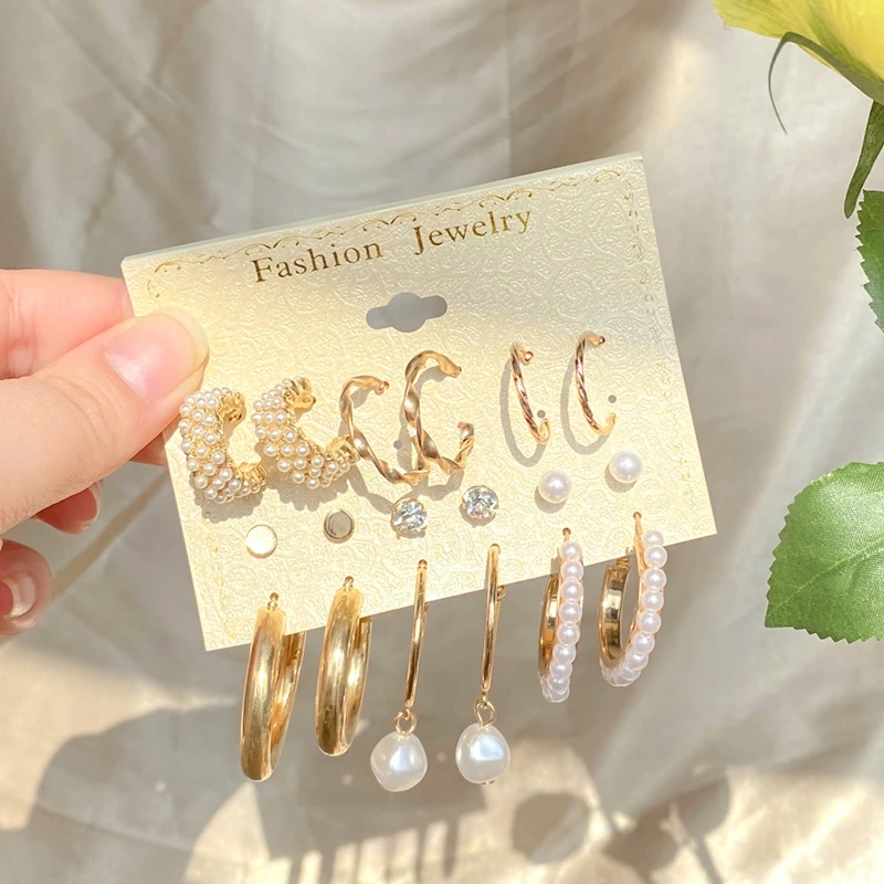 VKME Fashion Gold Pearl Earrings Set For Women Vintage Metal Hoop Earings Geometric Circle Drop Kolczyki 2021 Biżuteria