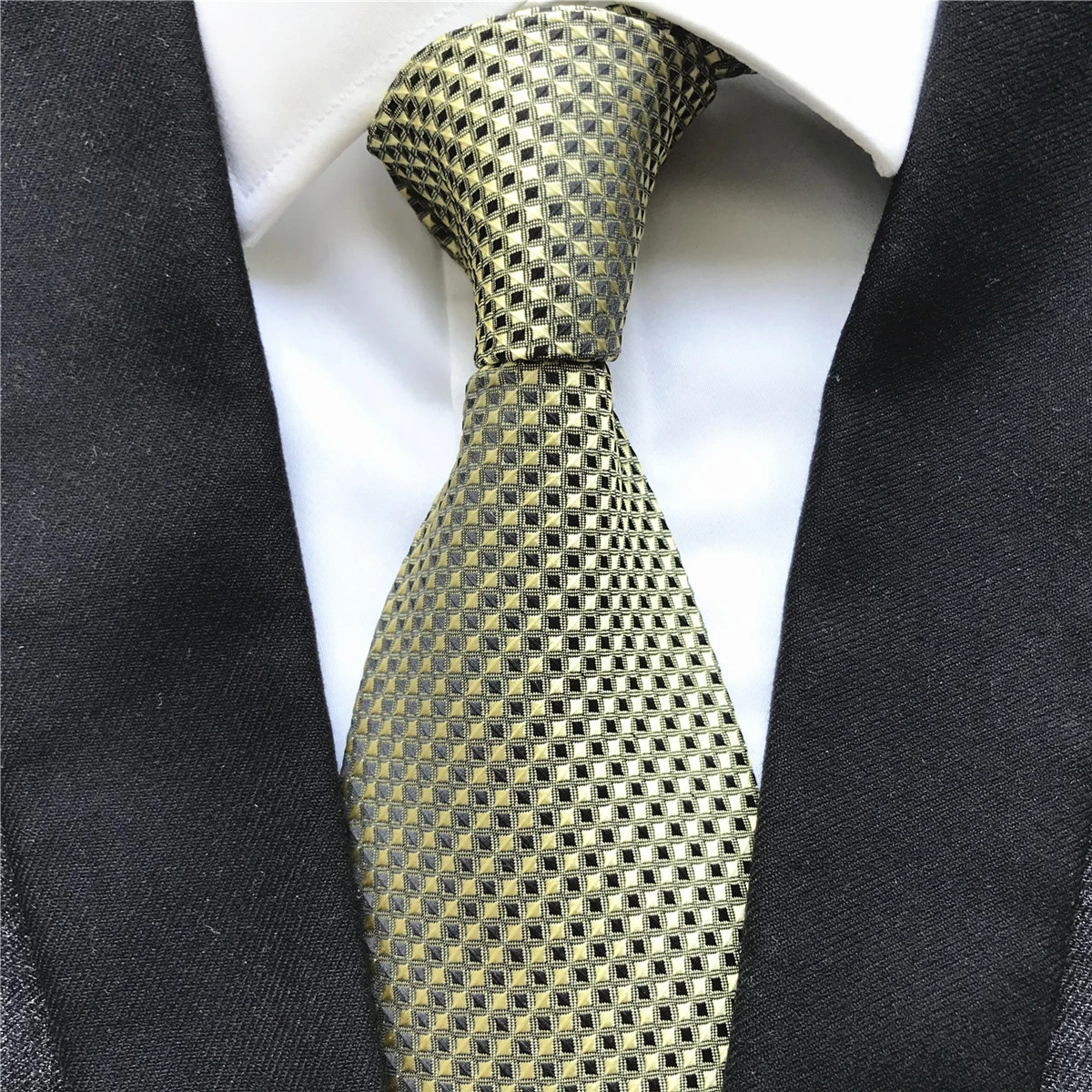 10 cm Szerokość Nowy Projekt Męskie Krawaty Żakardowe Tkaniny Szyi Krawaty Złoto z czarnymi siatkami Unikalne Komórkowe Krawaty
