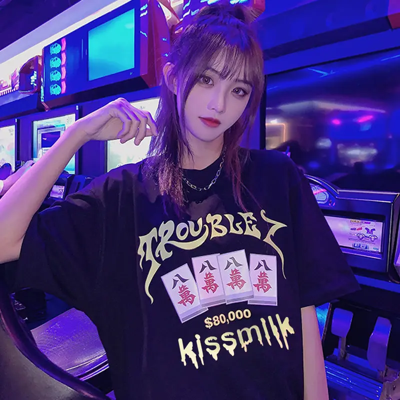 Letnia moda s Z Krótkim Rękawem Casual Hip Hop, bawełniana odzież uliczna Негабаритная Koszula Mahjong BaWang Print Personality Graphic T shirt