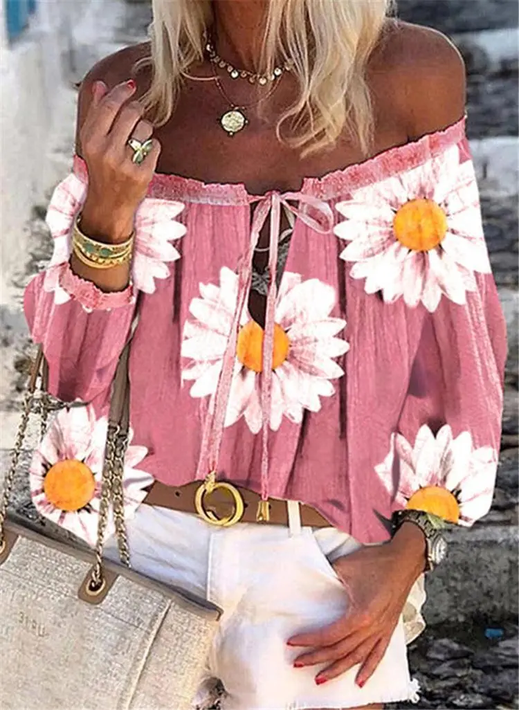 2021 Sexy Kobiety Wiosna-Jesień Z Ramienia Kwiatowy Print Sznurek Topy Koszulki Kwiatowy Plus Rozmiar Casual Femme Bluzka Koszula