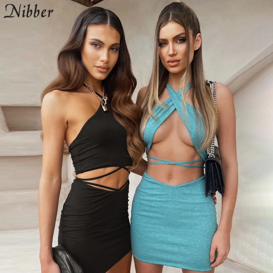 Nibber 2021 Y2K Sexy Trend Women 2 Piece Set Summer Soft Cross Banding Halter Top+Krótka Spódnica Świąteczne stroje Slim Streetwear
