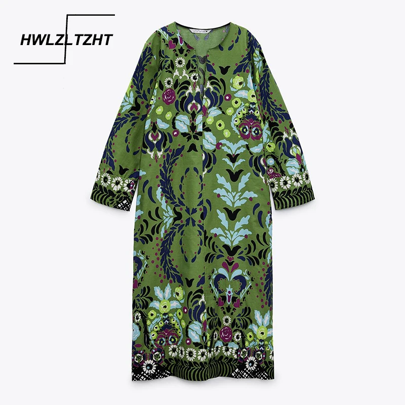 HWLZLTZHT 2021 Green Dress Woman Print Plus Size Dresses for Women Long Sleeve Casual Midi Summer Loose Dress Party Long Dresses