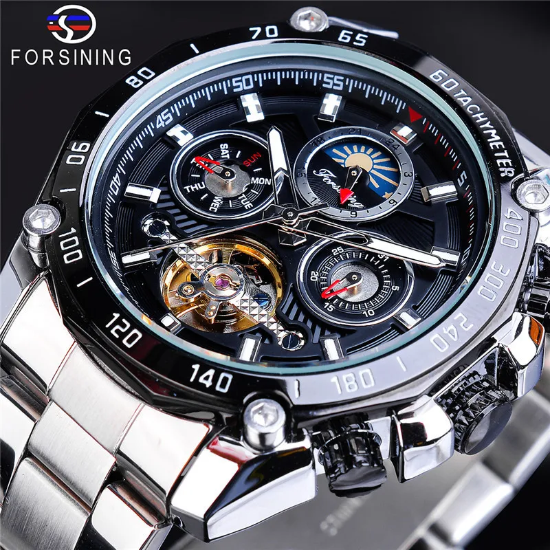 Nowe męskie zegarki forsing Euro American Tourbillon pełni automatyczny mechaniczny zegarek wodoodporny wielofunkcyjne męskie zegarek