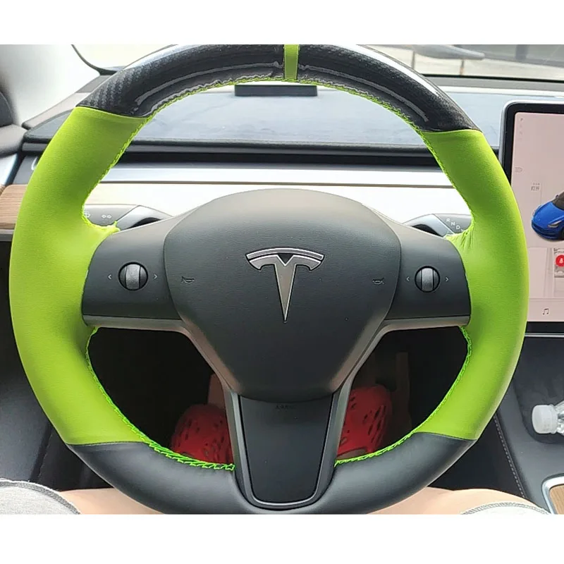 Wnętrze DIY 5D Czarne Włókno węglowe i Zielona Skóra Kierownica Ręcznego Szycia do Pakowania Pokrywa Nadaje się Do Tesla model 3 2017-2021