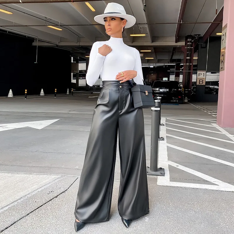 2021 Mody FAUX Skórzane Spodnie Eleganckie OL Work Długie Spodnie Stałe Kobiety Wysokiej talii Spodnie Damskie Odzież Uliczna