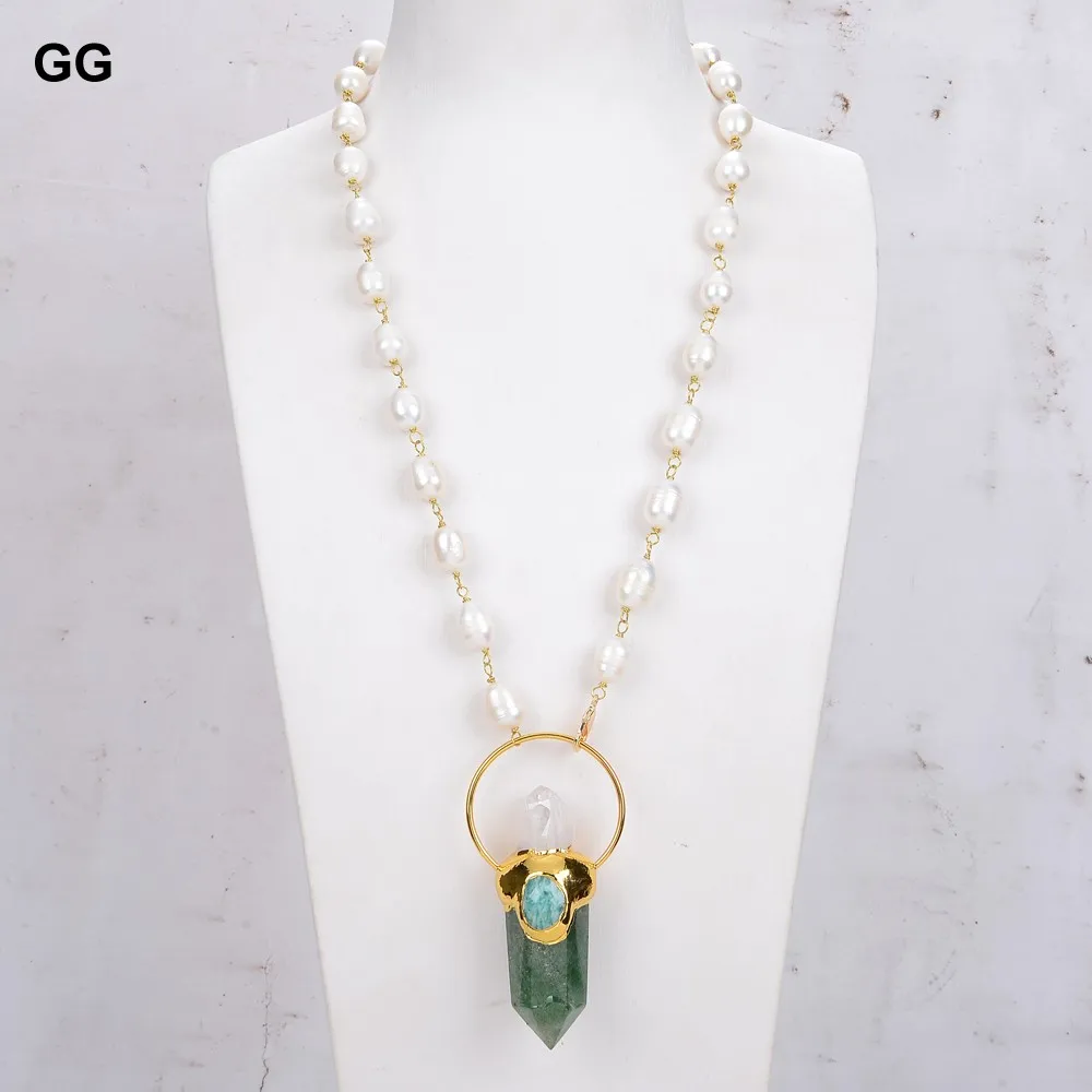 GG Jewelry Natural Green Muscovites Point White Quartzs Raw Pendant Naszyjnik Ryż Biały Pearl Łańcuch Sweter Naszyjnik Dla kobiet