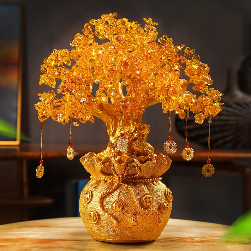 Złoty Kolor Żywicy Cytryn Feng Shui Drzewo Pieniądze Szczęśliwe Drzewo Dekoracje Domu, Dekoracje Festiwal Świąteczne Prezenty Z Drewnianą Podstawą