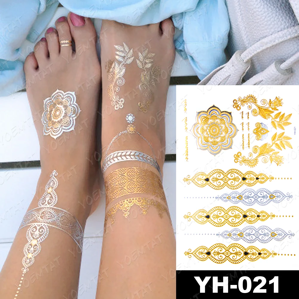 Wodoodporna Tymczasowy Tatuaż Naklejka Mandala Henna Bransoletka Złoto Srebro Metalowa Lampa Błyskowa Tatuaż Boho Party Biżuteria Połysk Body Art